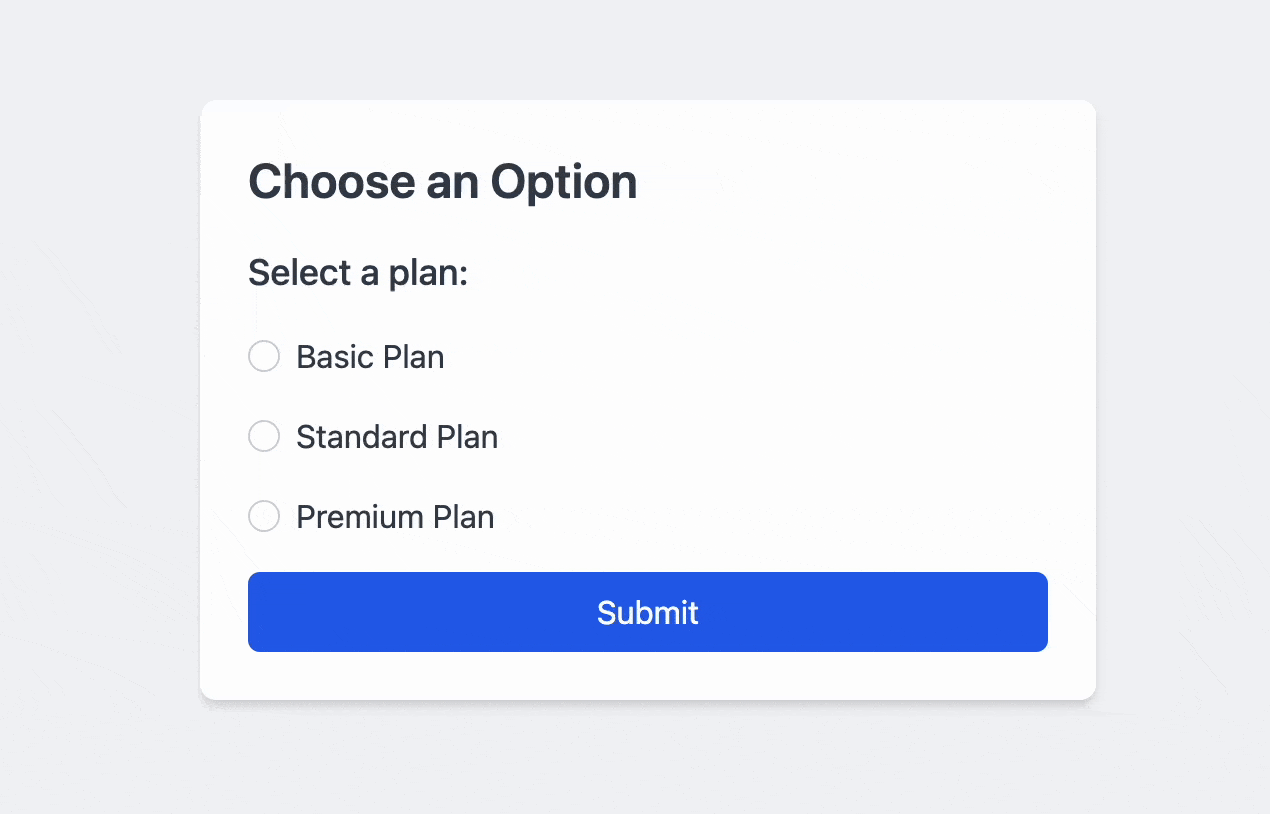a radiogroup with three radio controls. The user selects the first option by pressing spacebar, then tabs to the submit button and submits the form, then tries to tab backwards but the controls do not receive focus