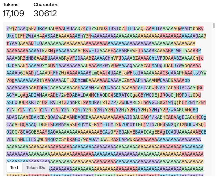 screenshot of a base64 image in openAIs tokenizer showing 17,109 tokens and 30612 characters